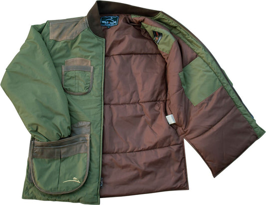Wild Hare Cold Weather Shooting Coat - Olive with Brown Distressed Leather