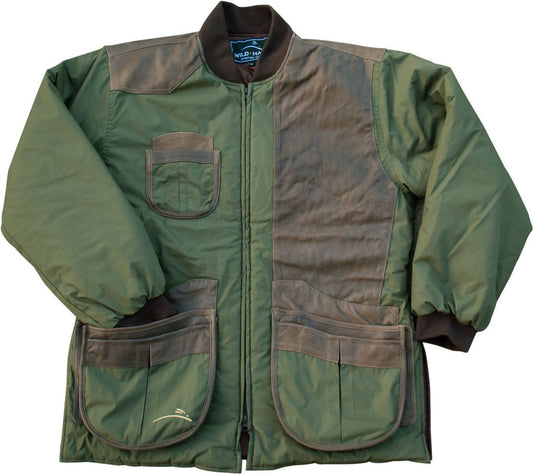 Wild Hare Cold Weather Shooting Coat - Olive with Brown Distressed Leather