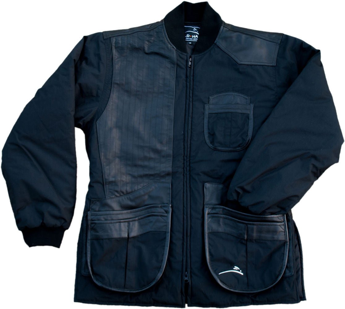 Wild Hare Cold Weather Shooting Coat – Black w/ Black Leather - Top Shot Supplies