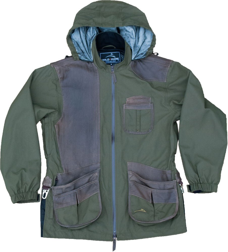 Wild Hare Hydro - Elite Waterproof Shooting Jacket – Olive w/ Brown Distressed Leather - Top Shot Supplies