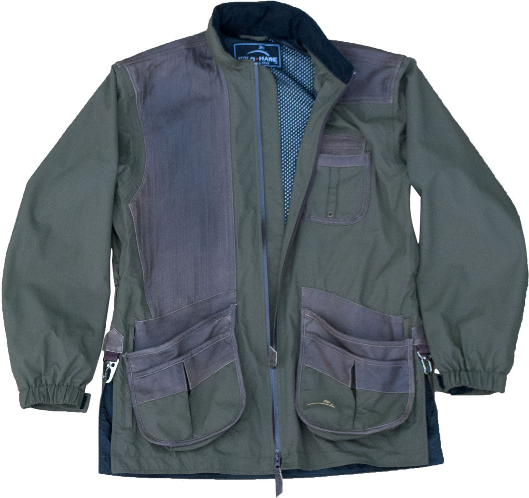 Wild Hare Hydro - Elite Waterproof Shooting Jacket – Olive w/ Brown Distressed Leather - Top Shot Supplies